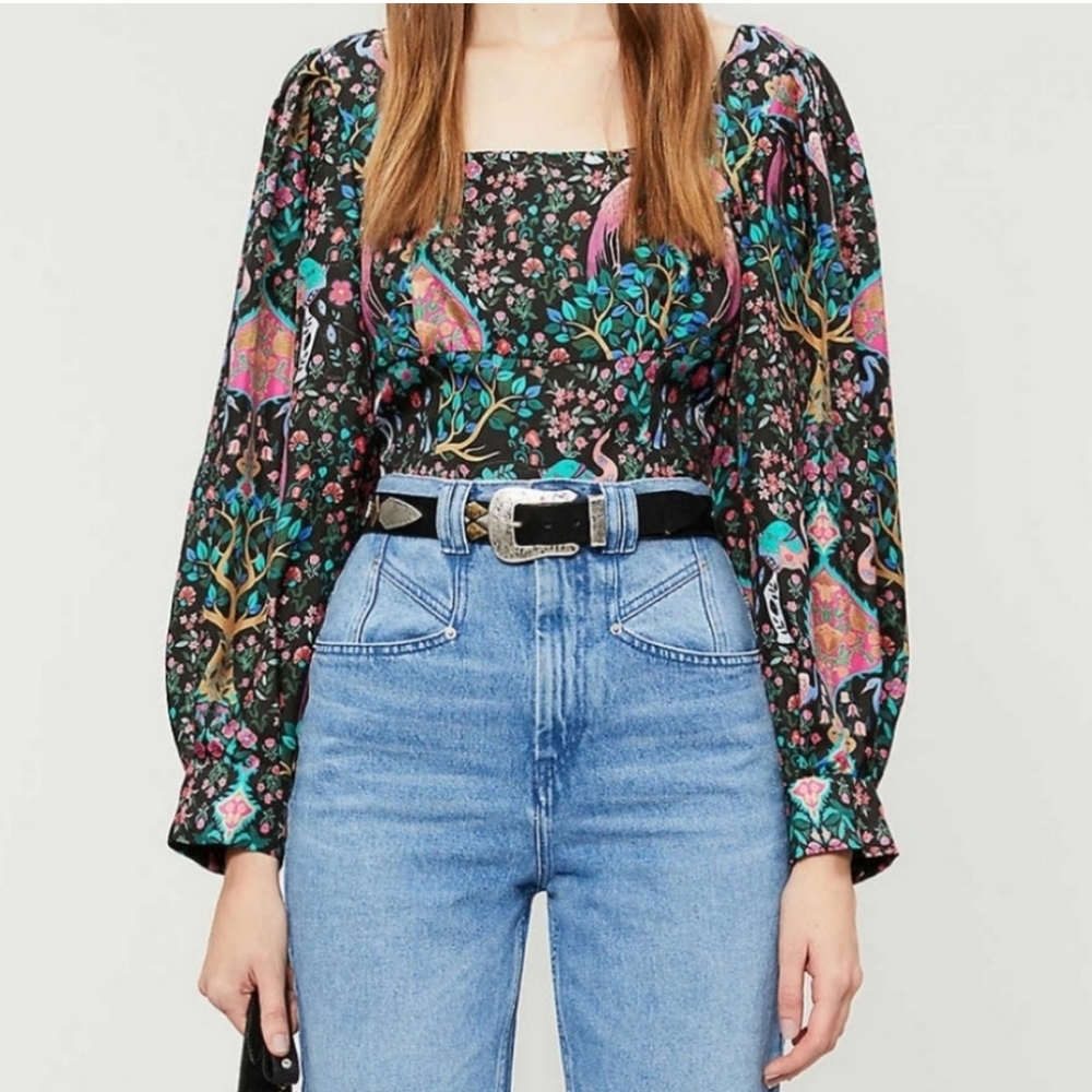 Sandro Ivea Floral Silk Blouse Square Neck Size 1 US Small